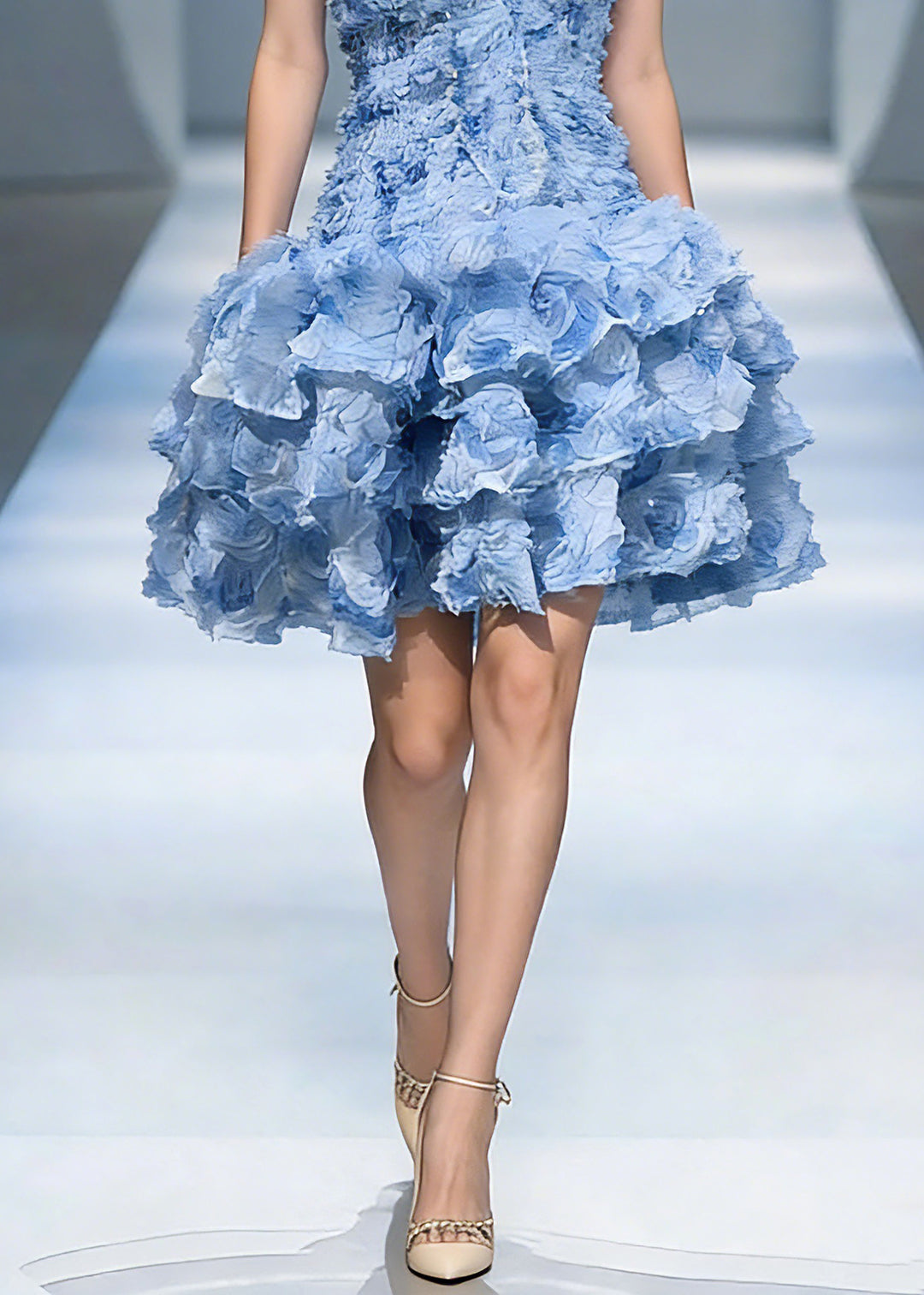 Classy Blue Cold Shoulder Floral Tulle Mid Dress Summer - Omychic