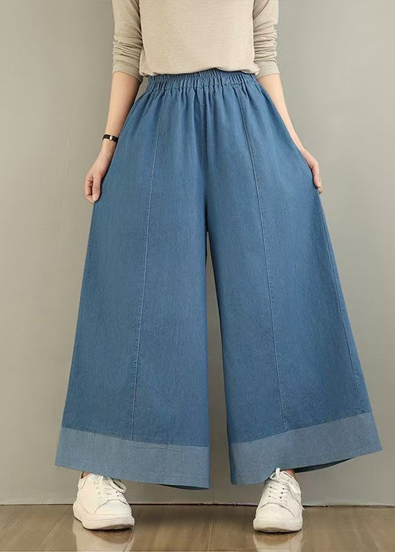 Classy Blue Elastic Waist Denim Wide Leg Pants Summer