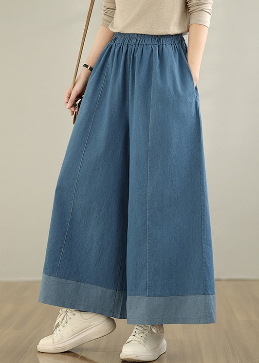 Classy Blue Elastic Waist Denim Wide Leg Pants Summer