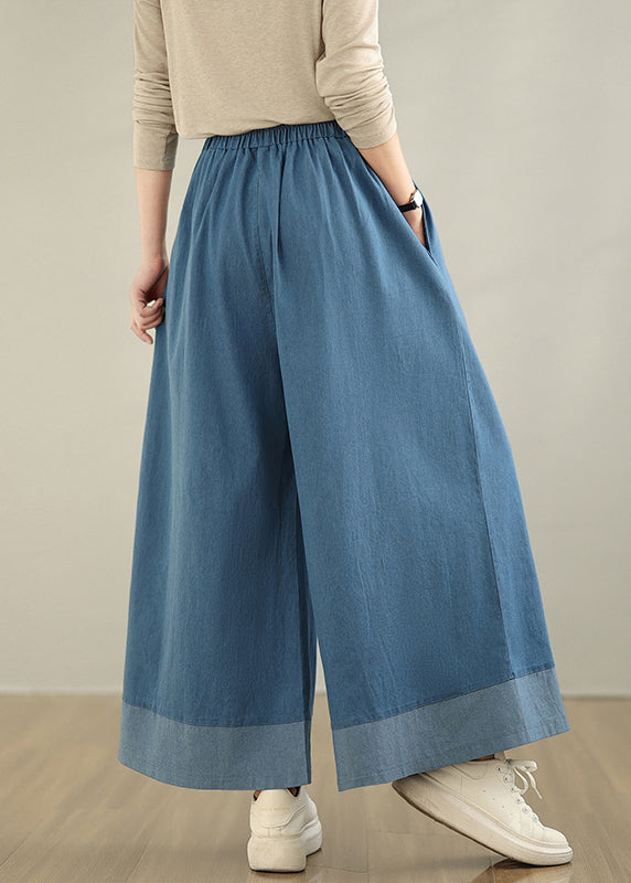 Classy Blue Elastic Waist Denim Wide Leg Pants Summer