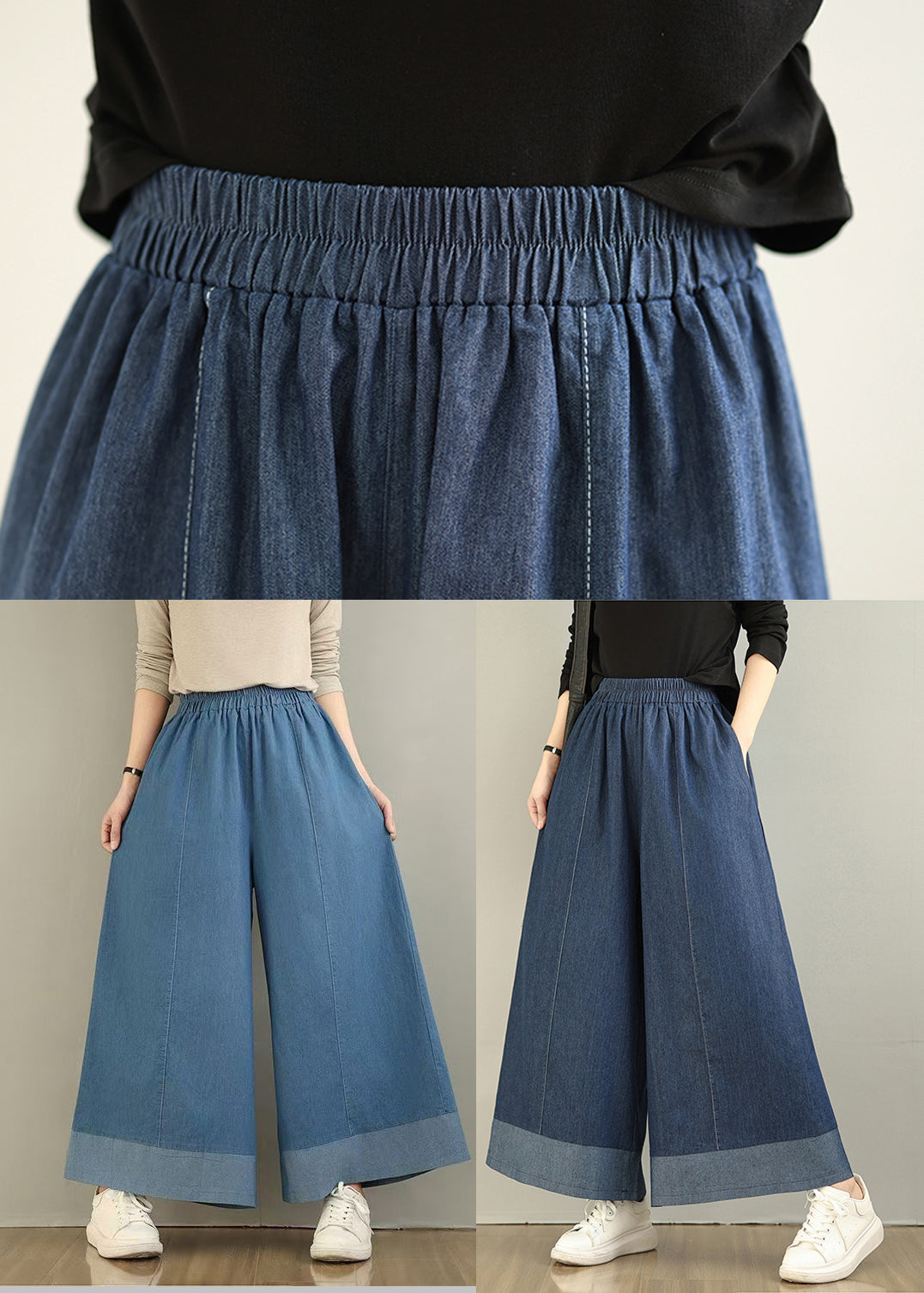 Classy Blue Elastic Waist Denim Wide Leg Pants Summer