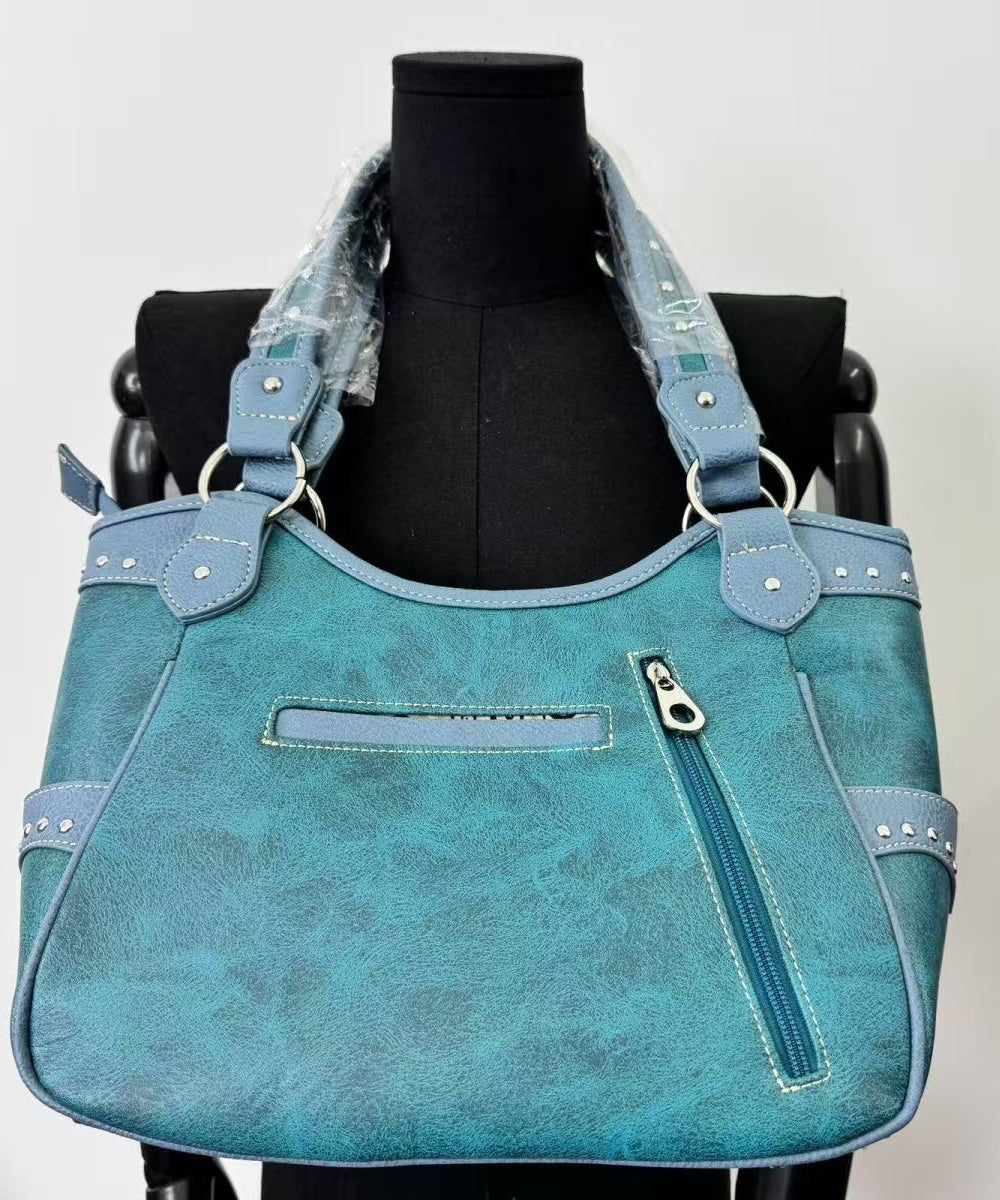 Classy Blue Embroidered Butterfly Rivet Faux Suede Shoulder Bags