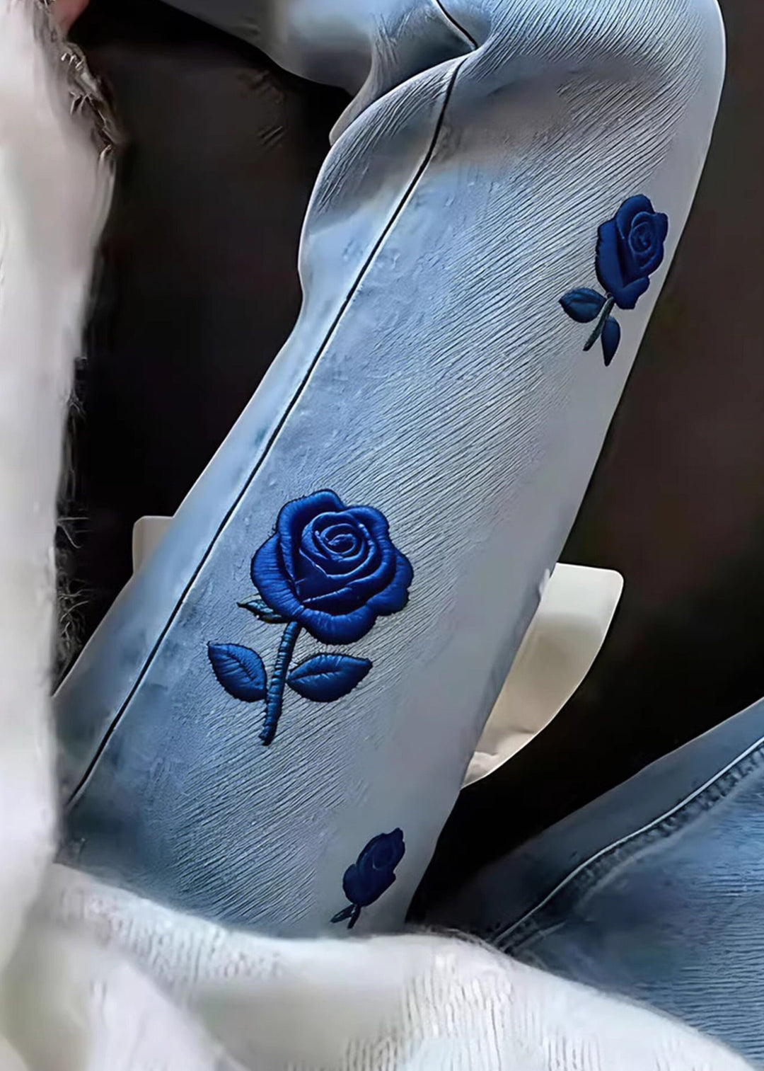 Classy Blue Embroidered Floral Denim Straight Pants Spring