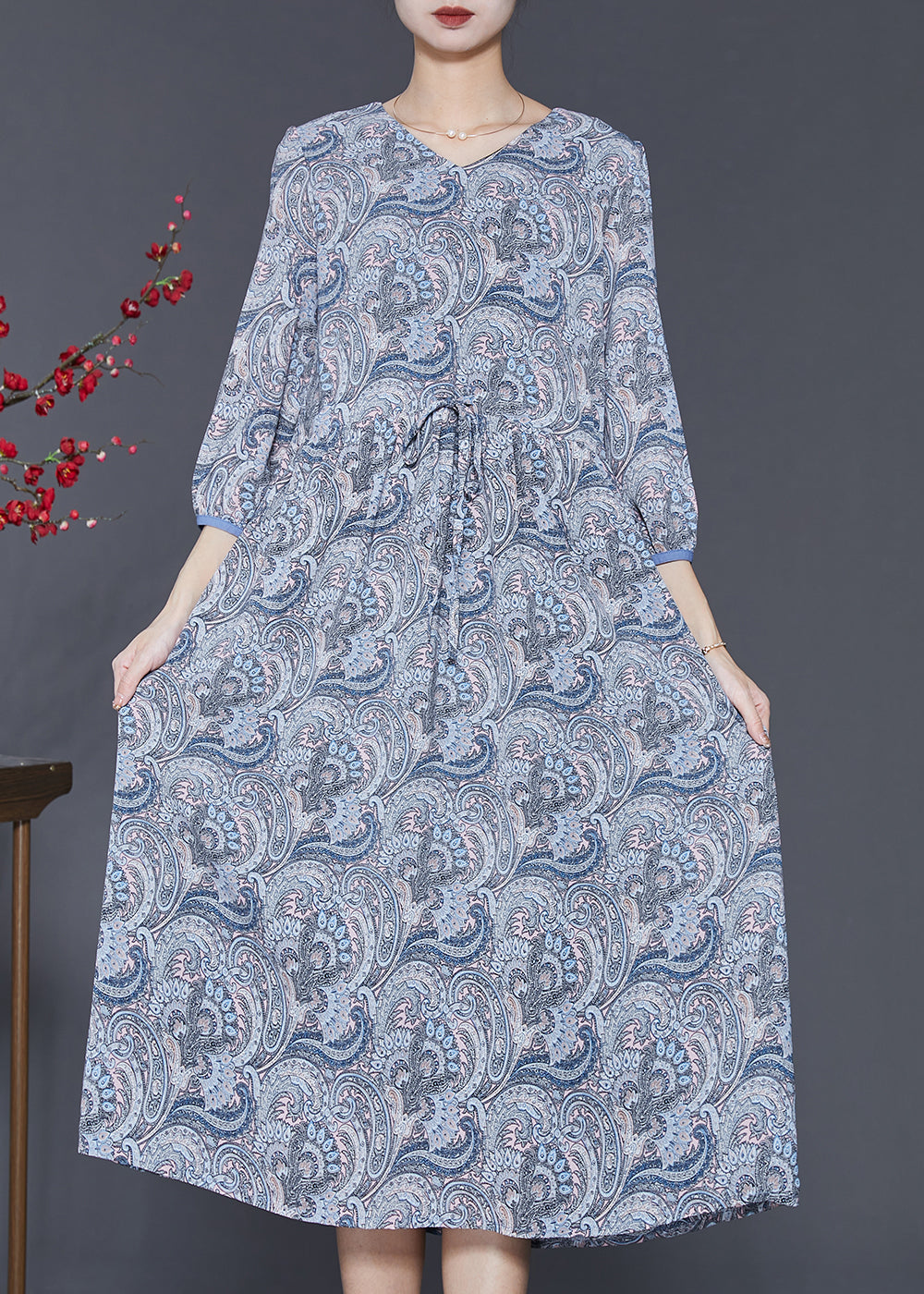 Classy Blue Grey Cinched Print Chiffon Dress Bracelet Sleeve