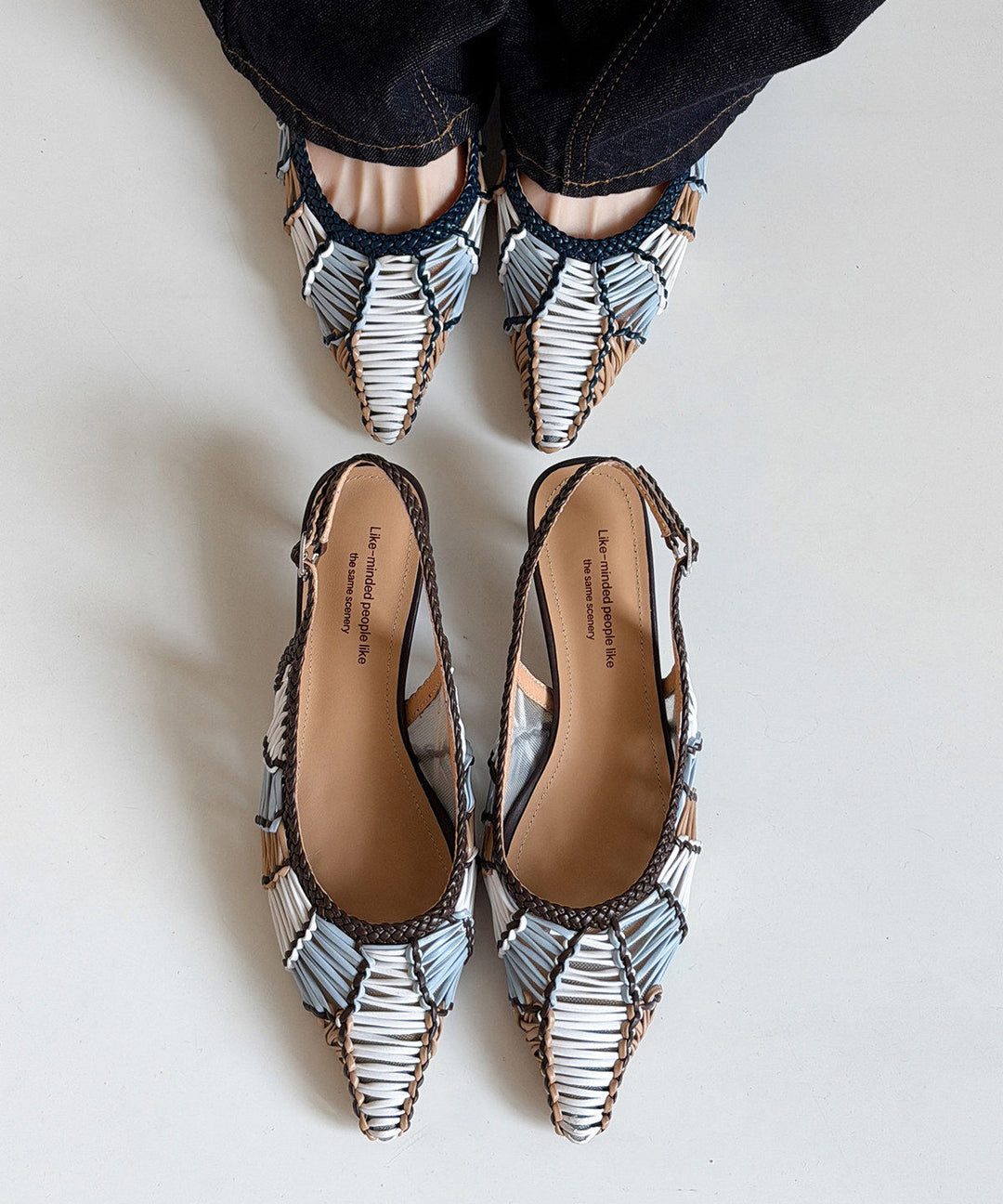 Classy Blue Knit Fabric Splicing High Heel Sandals Pointed Toe