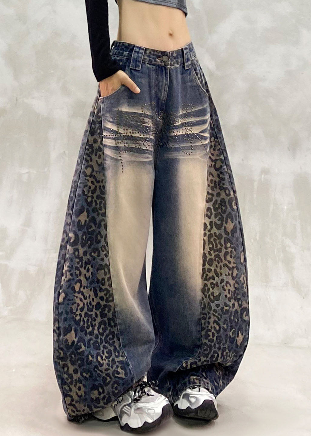 Classy Blue Leopard Print Patchwork Straight Jeans Fall