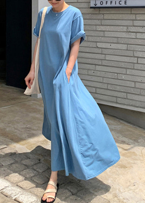 Classy Blue O-Neck Exra Large Hem Cotton Dresses Short Sleeve