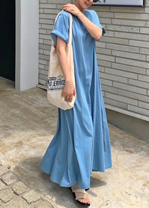 Classy Blue O-Neck Exra Large Hem Cotton Dresses Short Sleeve