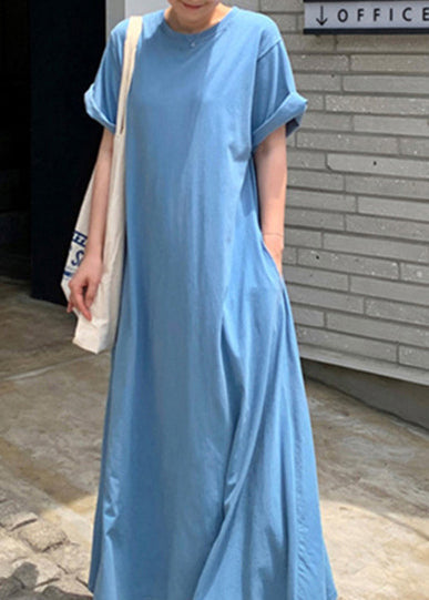 Classy Blue O-Neck Exra Large Hem Cotton Dresses Short Sleeve