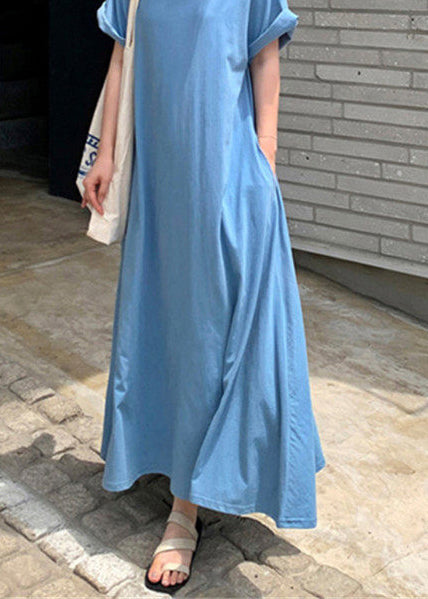 Classy Blue O-Neck Exra Large Hem Cotton Dresses Short Sleeve