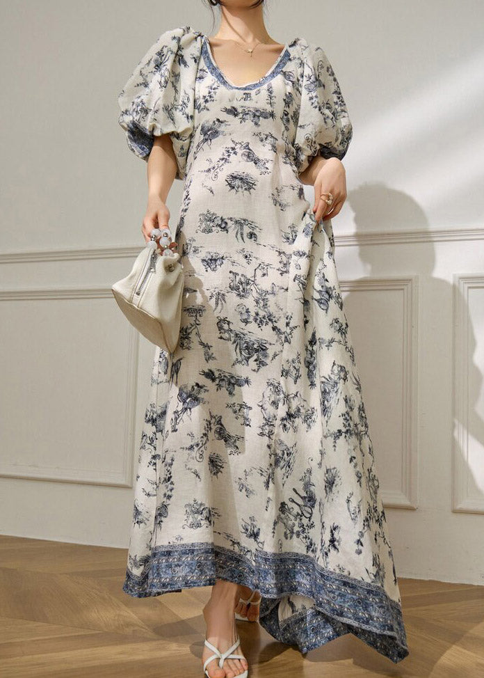 Classy Blue O-Neck Print Long Dress Short Sleeve
