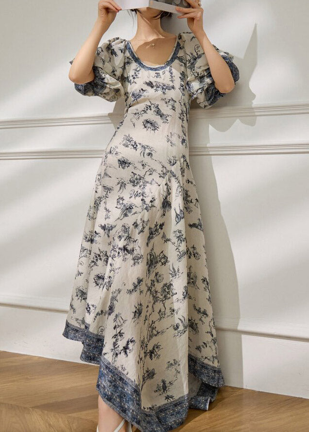 Classy Blue O-Neck Print Long Dress Short Sleeve