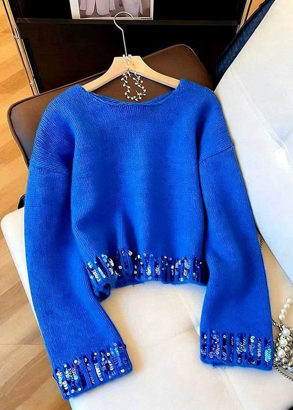 Classy Blue O Neck Sequins Patchwork Knit Sweaters Spring