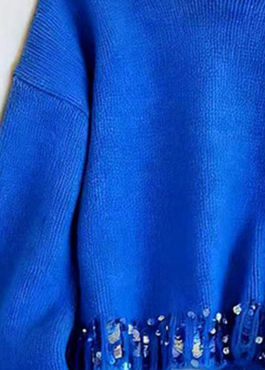 Classy Blue O Neck Sequins Patchwork Knit Sweaters Spring