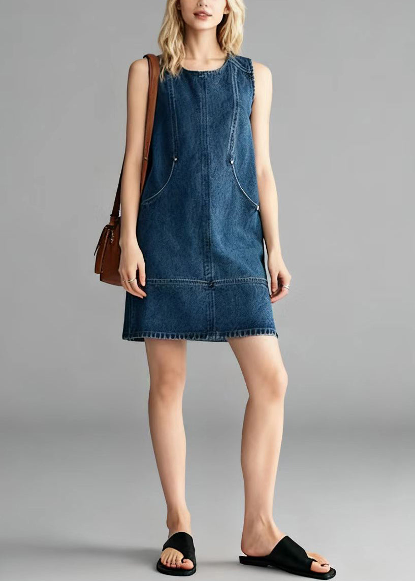 Classy Blue O-Neck Silm Fit Denim Mini Dress Sleeveless