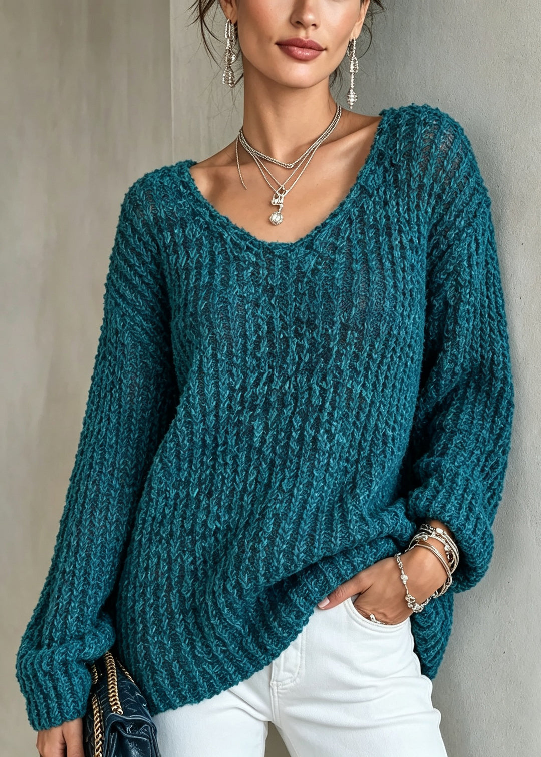 Classy Blue O Neck Thick Cozy Warm Knit Sweater Fall
