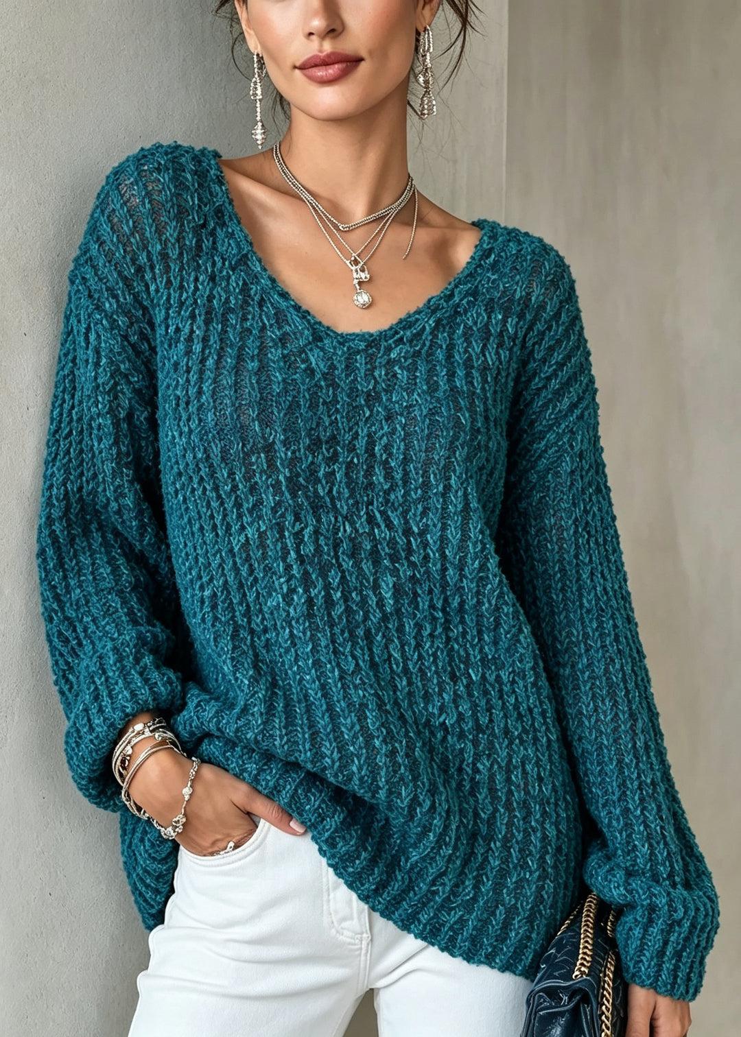 Classy Blue O Neck Thick Cozy Warm Knit Sweater Fall
