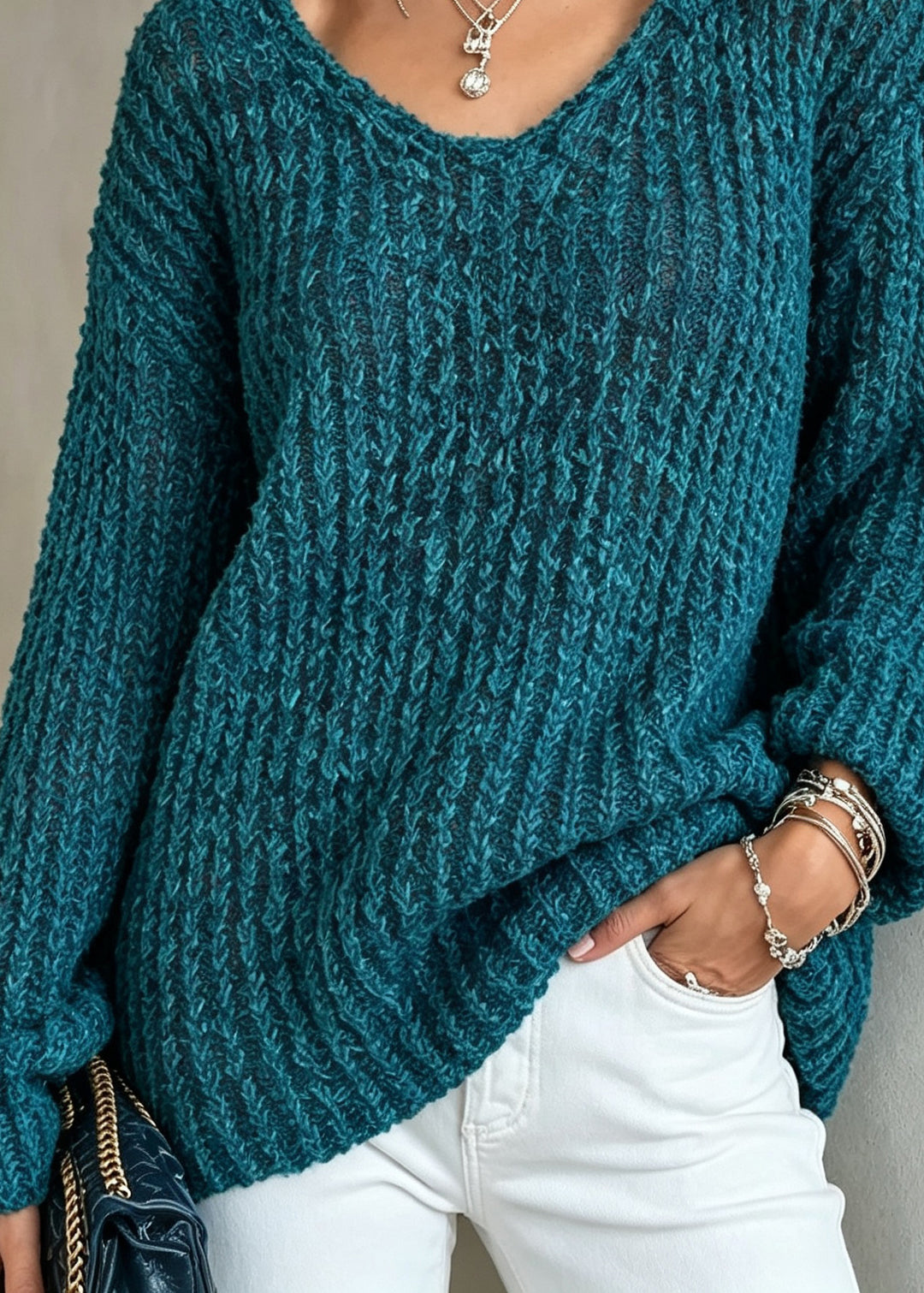 Classy Blue O Neck Thick Cozy Warm Knit Sweater Fall