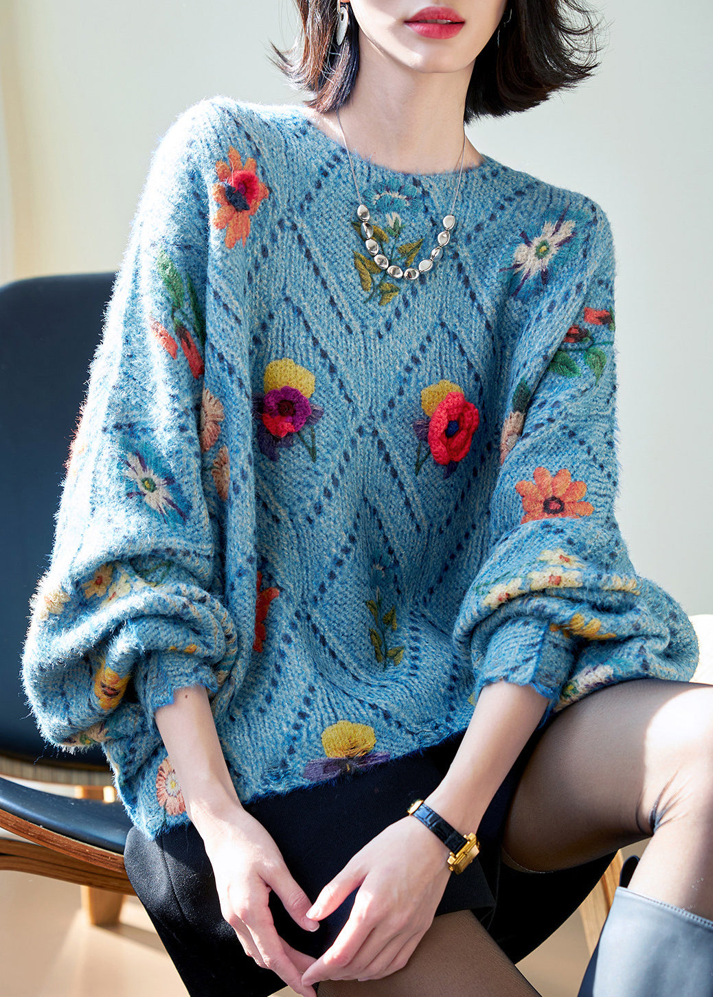 Classy Blue Oversized Floral Knit Sweater Tops Fall
