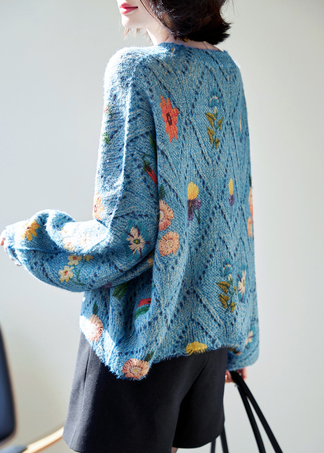 Classy Blue Oversized Floral Knit Sweater Tops Fall