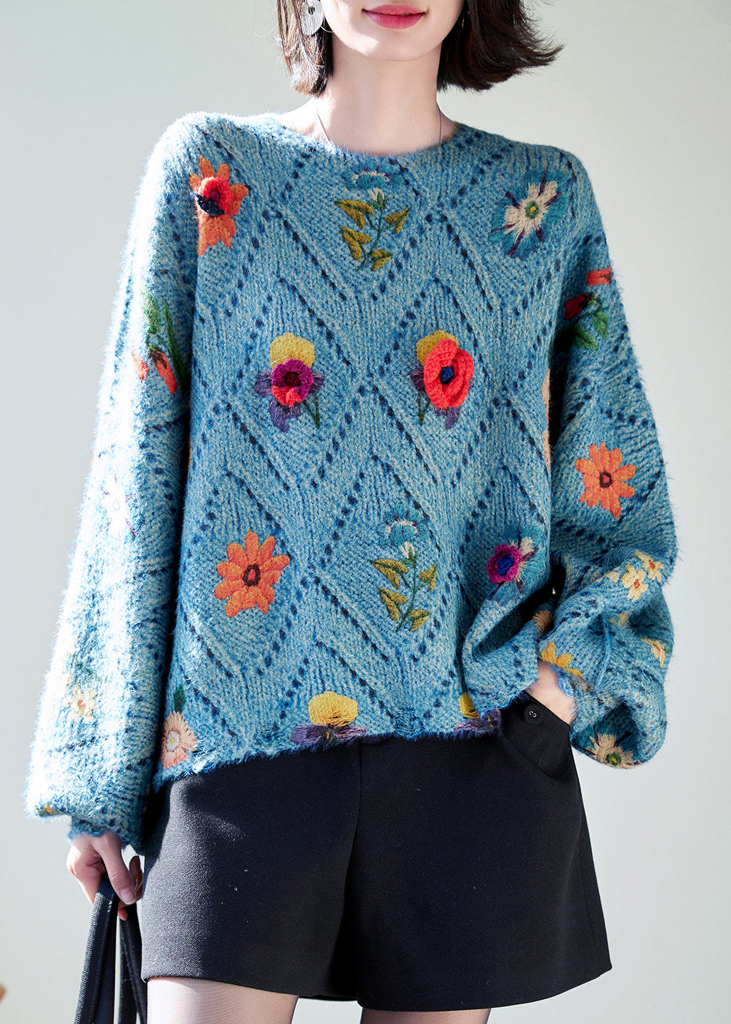 Classy Blue Oversized Floral Knit Sweater Tops Fall
