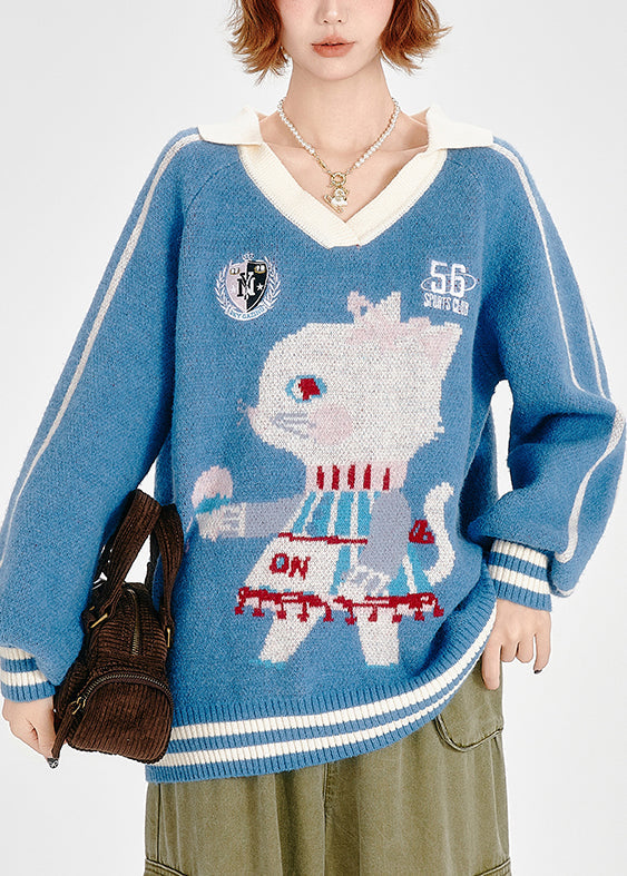 Classy Blue Oversized Jacquard Knitted Tops Winter