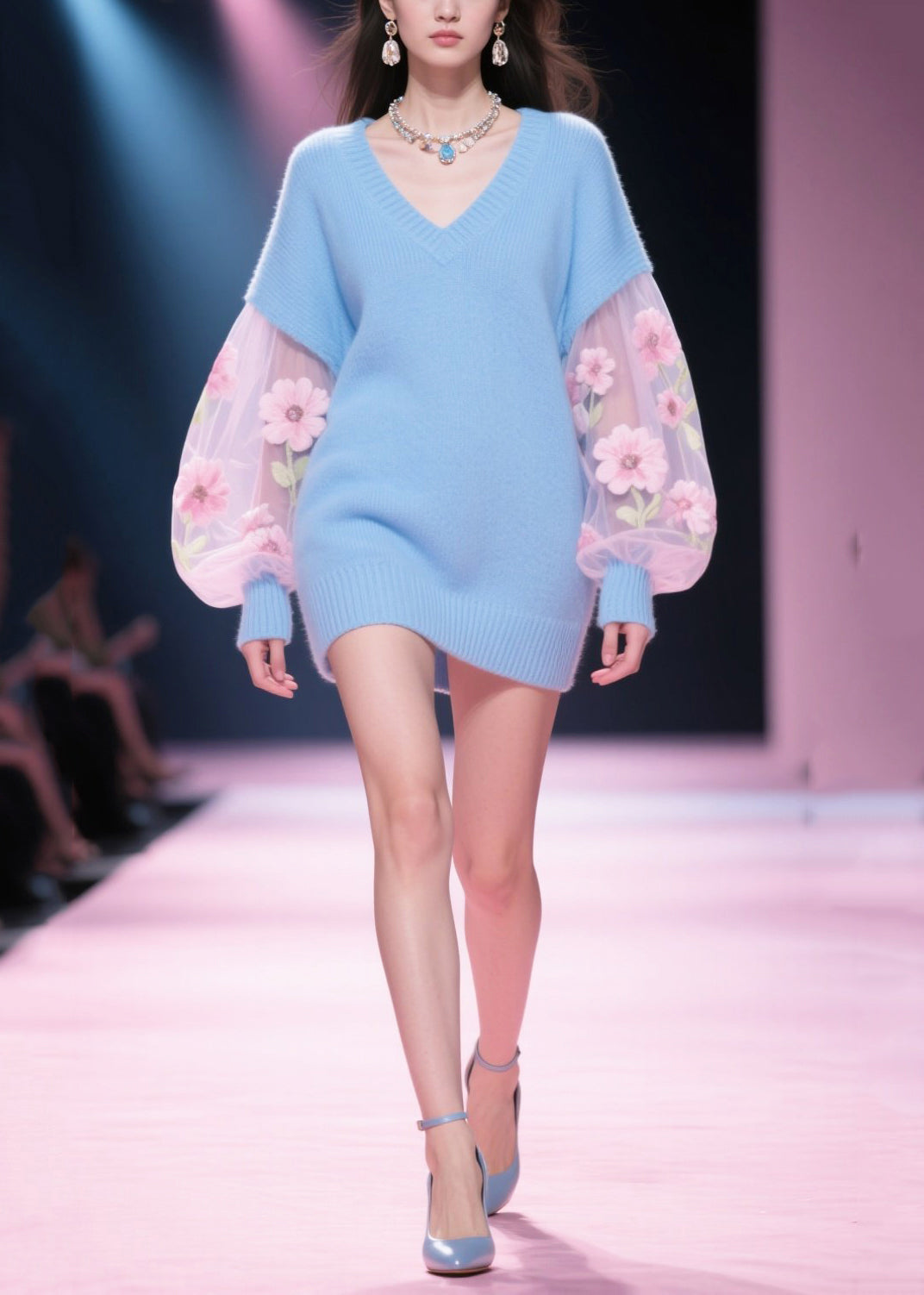 Classy Blue Oversized Patchwork Tulle Long Sweater Winter