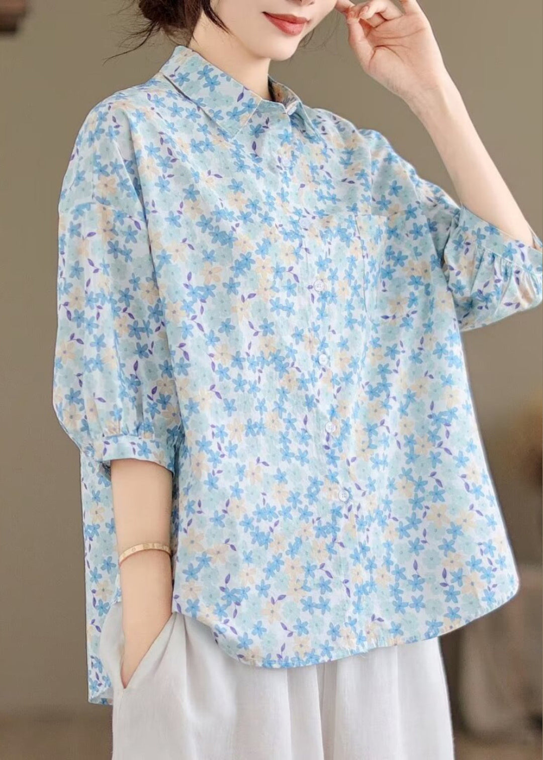 Classy Blue Oversized Print Cotton Blouse Tops Half Sleeve