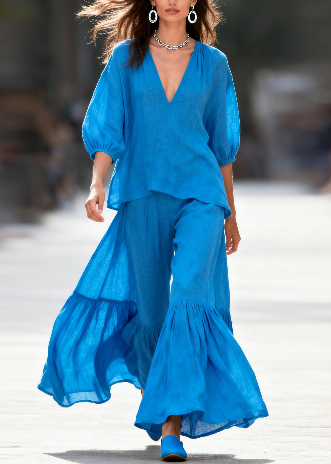 Classy Blue Oversized Wrinkled Cotton Two Pieces Set Summer