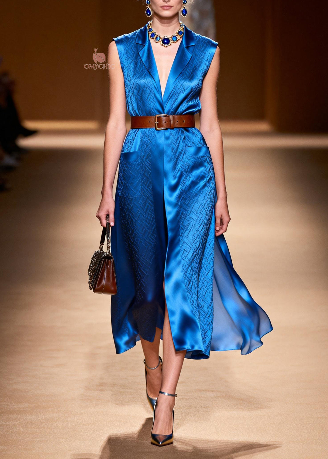 Classy Blue Peter Pan Collar Pockets Patchwork Silk Dress Sleeveless