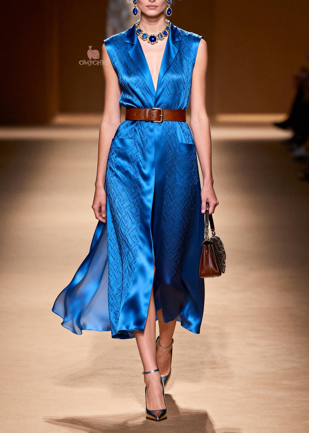 Classy Blue Peter Pan Collar Pockets Patchwork Silk Dress Sleeveless