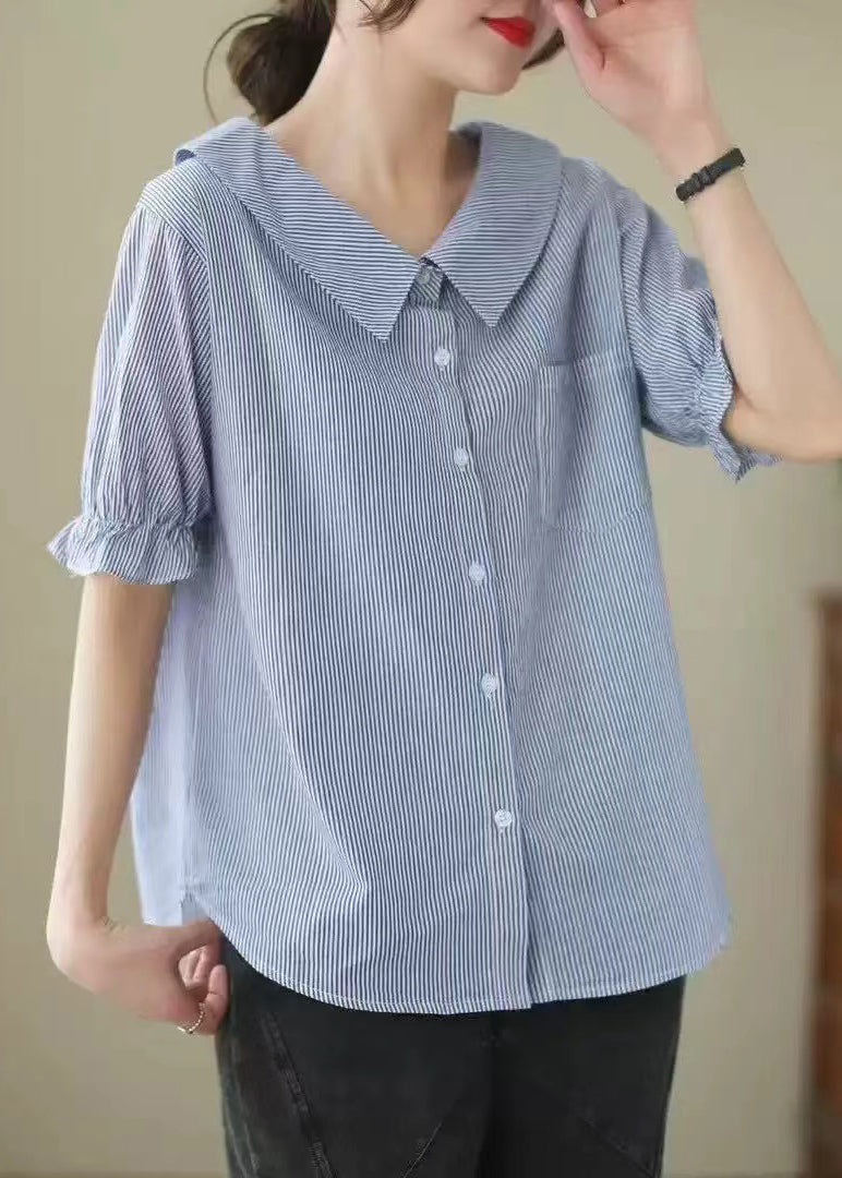 Classy Blue Peter Pan Collar Striped Cotton Shirts Summer