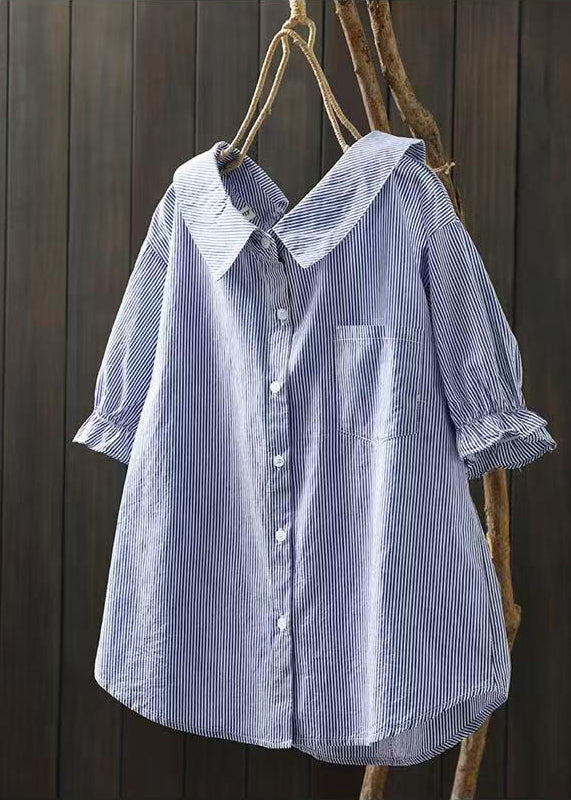 Classy Blue Peter Pan Collar Striped Cotton Shirts Summer
