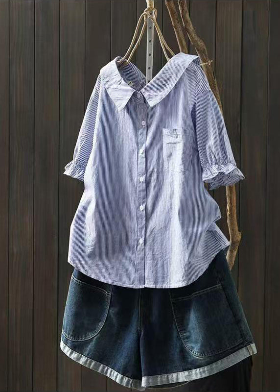 Classy Blue Peter Pan Collar Striped Cotton Shirts Summer