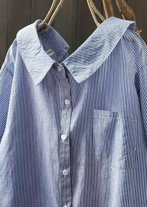 Classy Blue Peter Pan Collar Striped Cotton Shirts Summer
