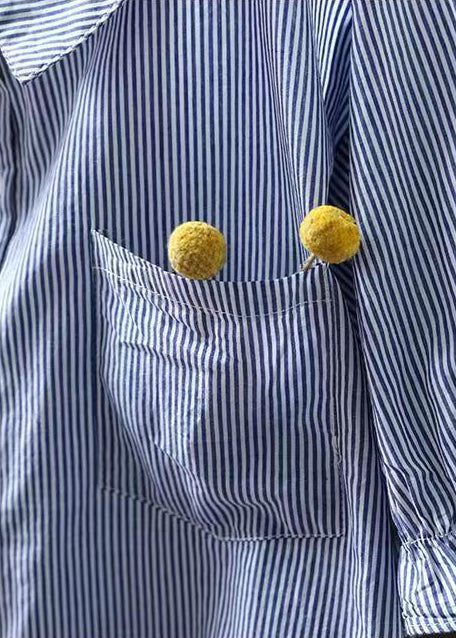 Classy Blue Peter Pan Collar Striped Cotton Shirts Summer