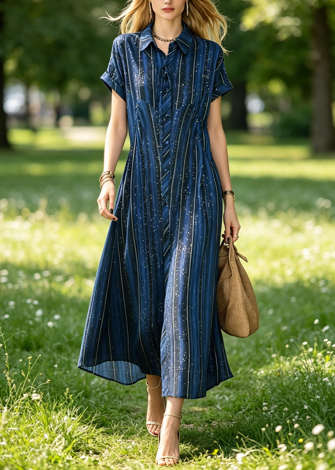 Classy Blue Peter Pan Collar Striped Silk Maxi Dresses Summer