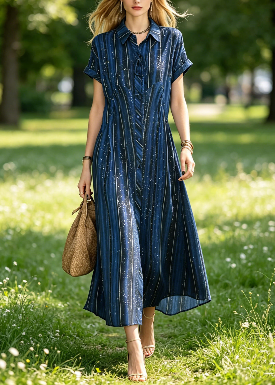Classy Blue Peter Pan Collar Striped Silk Maxi Dresses Summer