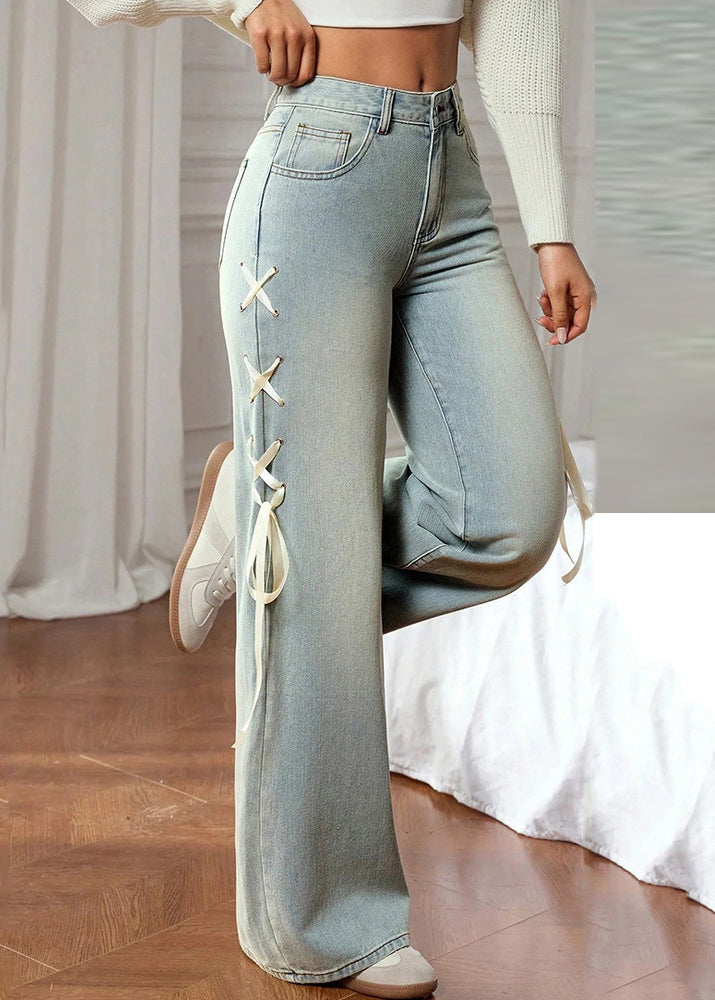 Classy Blue Pockets Silk Ribbon Straight Jeans Fall