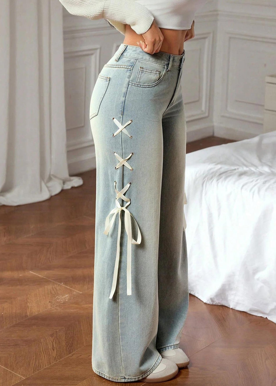 Classy Blue Pockets Silk Ribbon Straight Jeans Fall