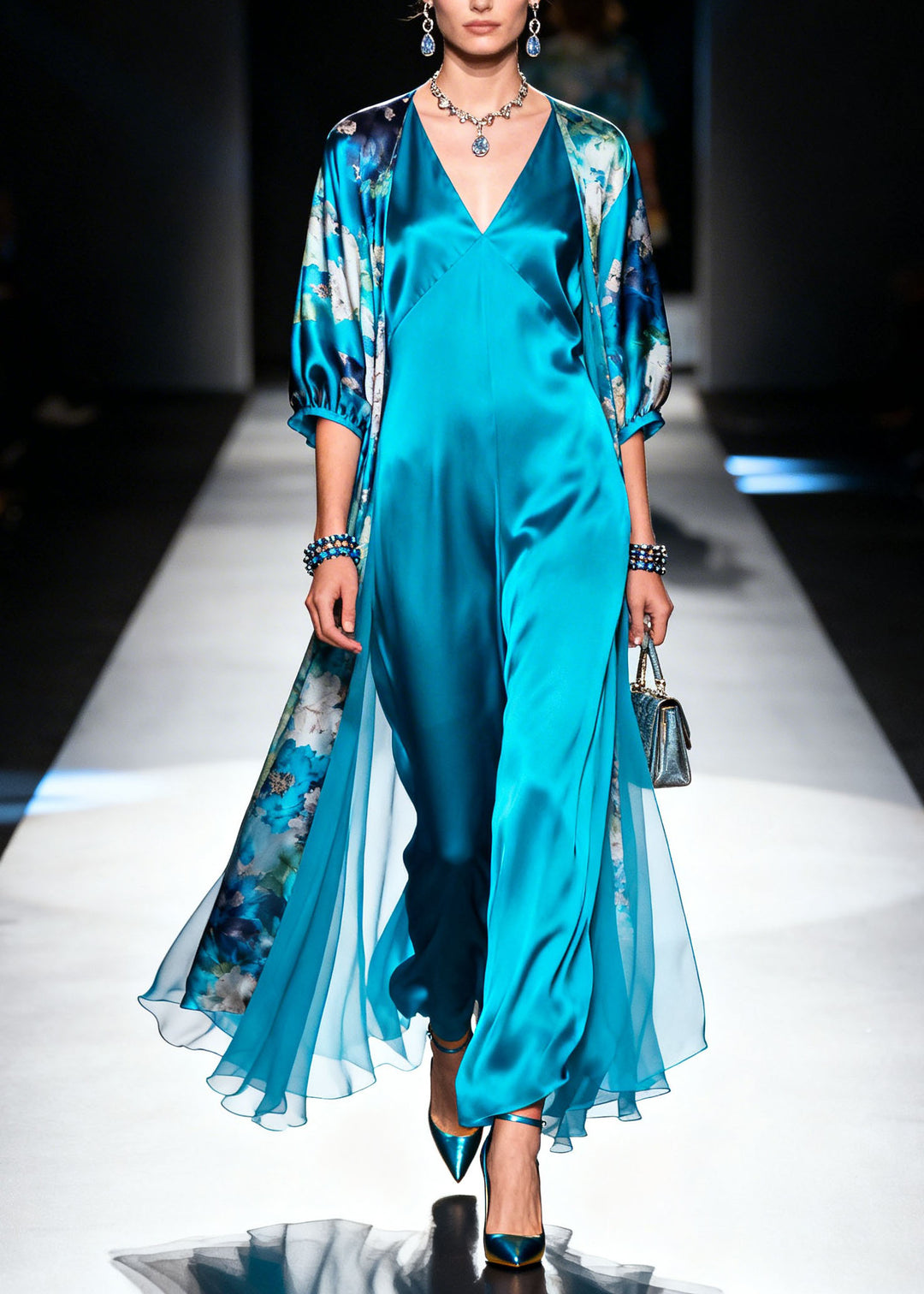 Classy Blue Print Cardigans And Dresses Silk Two Pieces Set Summer