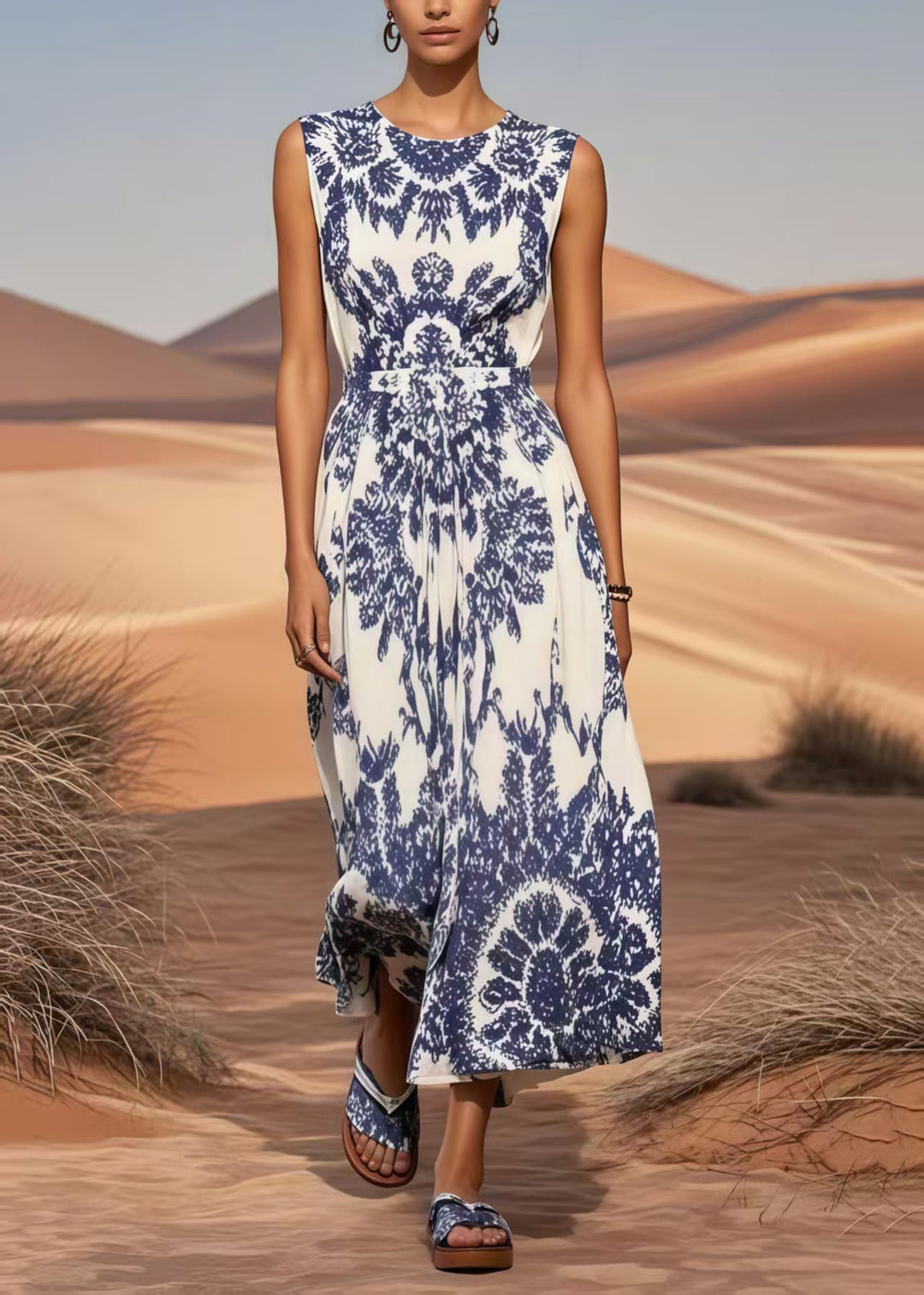 Classy Blue Print Cotton Long Dress Cinched Summer