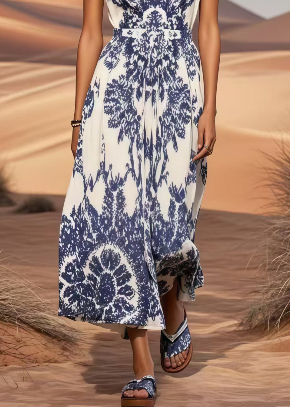 Classy Blue Print Cotton Long Dress Cinched Summer