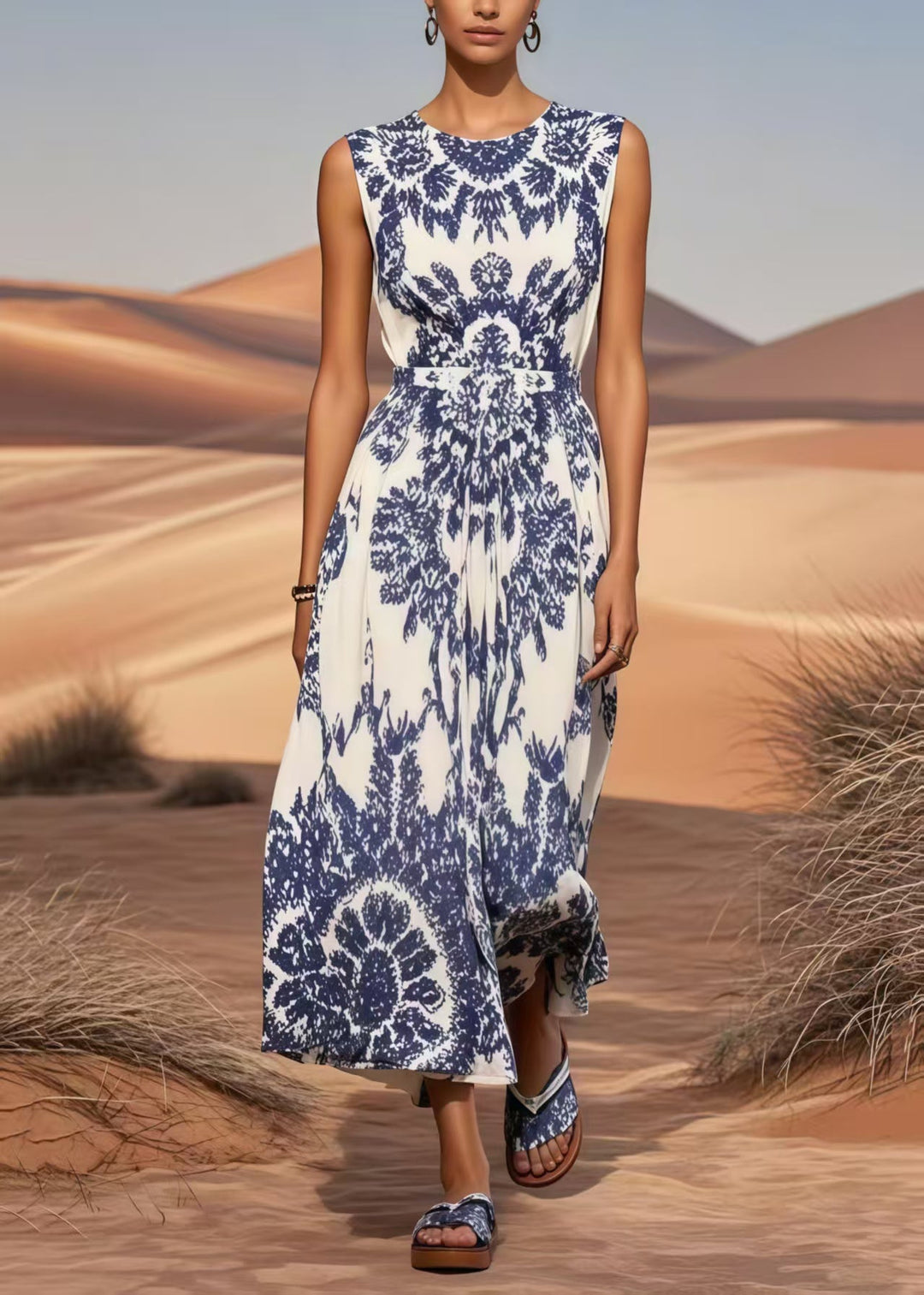 Classy Blue Print Cotton Long Dress Cinched Summer