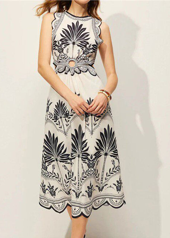 Classy Blue Print Hollow Out Backless Maxi Dress Sleeveless