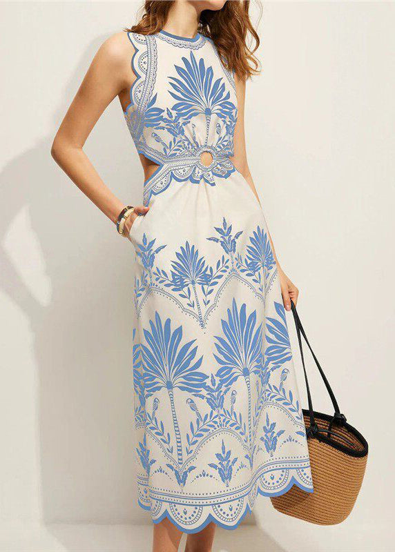 Classy Blue Print Hollow Out Backless Maxi Dress Sleeveless