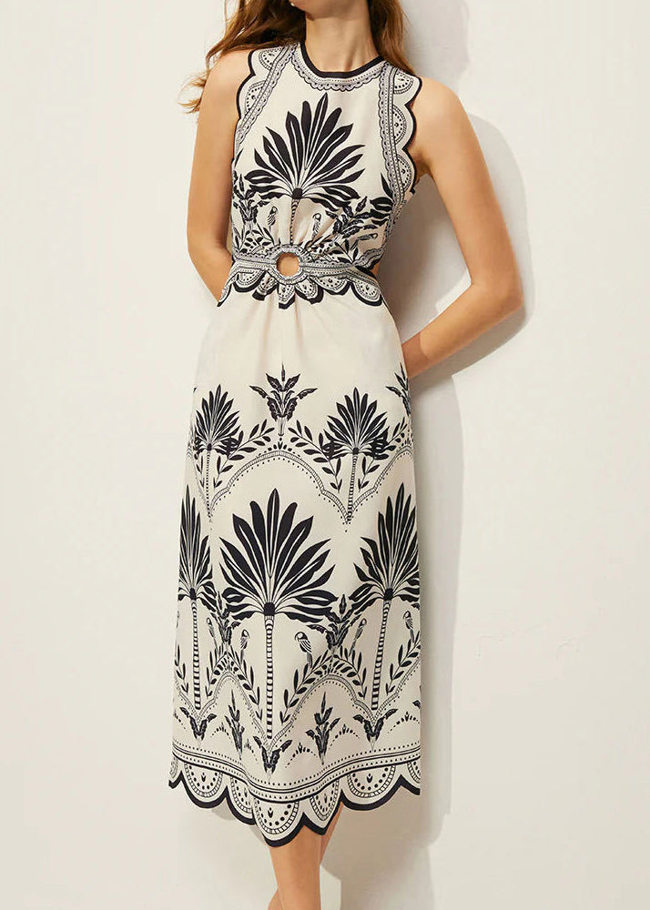 Classy Blue Print Hollow Out Backless Maxi Dress Sleeveless