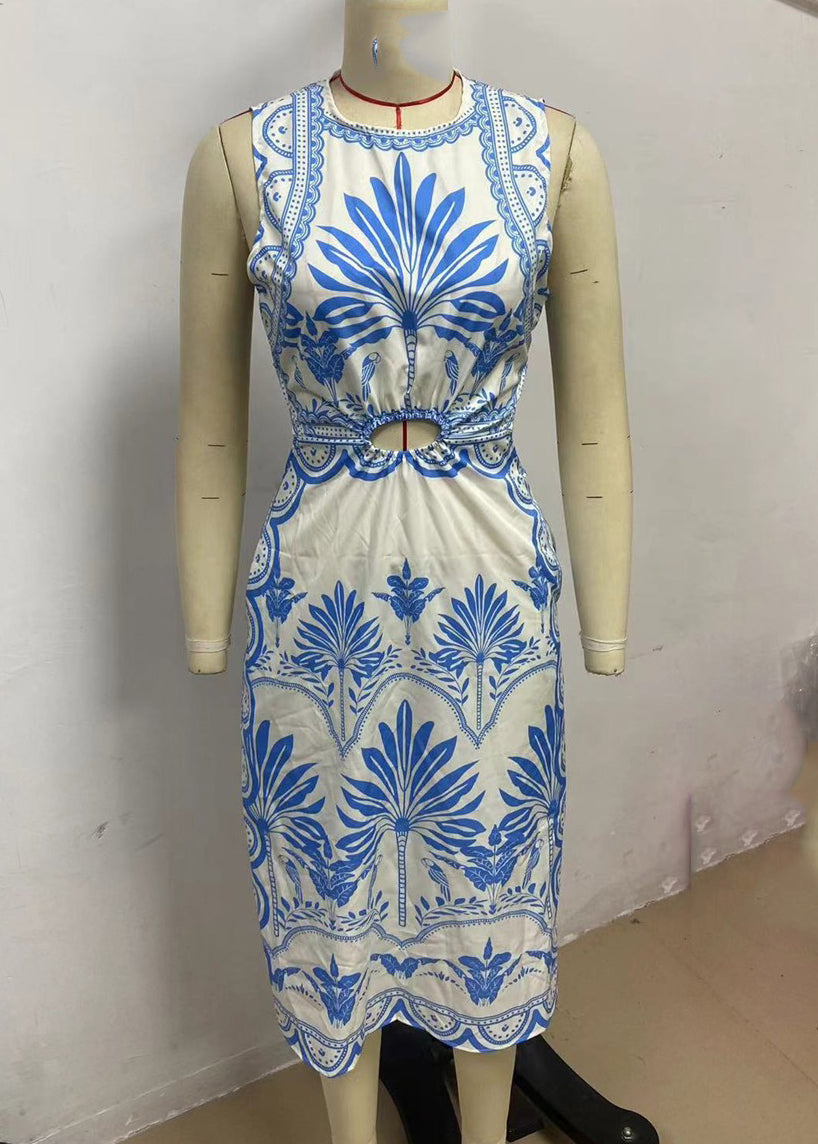 Classy Blue Print Hollow Out Backless Maxi Dress Sleeveless