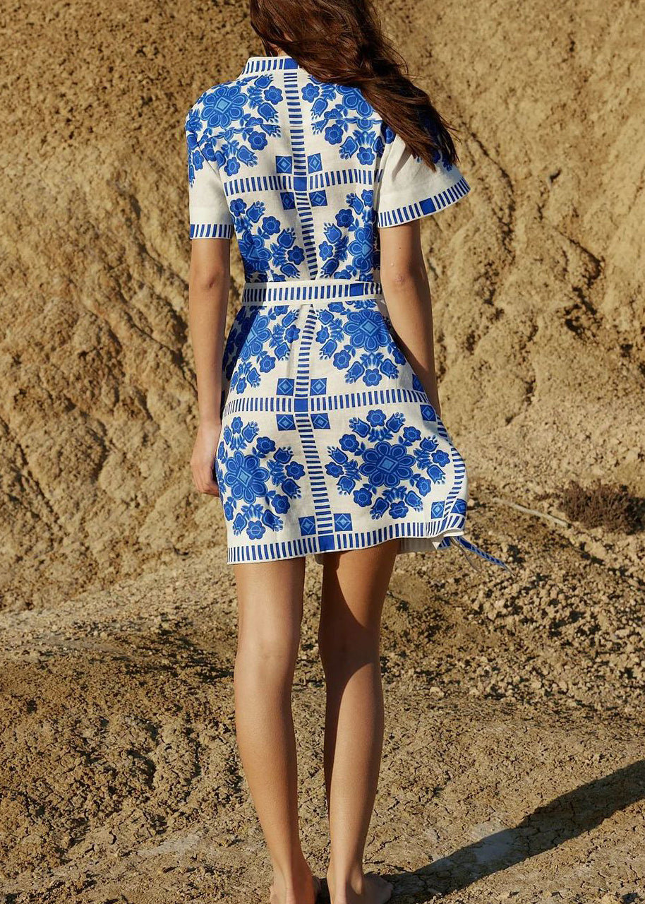 Classy Blue Print Lace Up Cotton Mid Dresses Summer