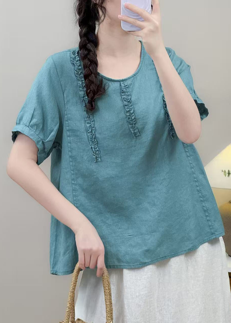 Classy Blue Ruffled Cotton Loose Tops Summer